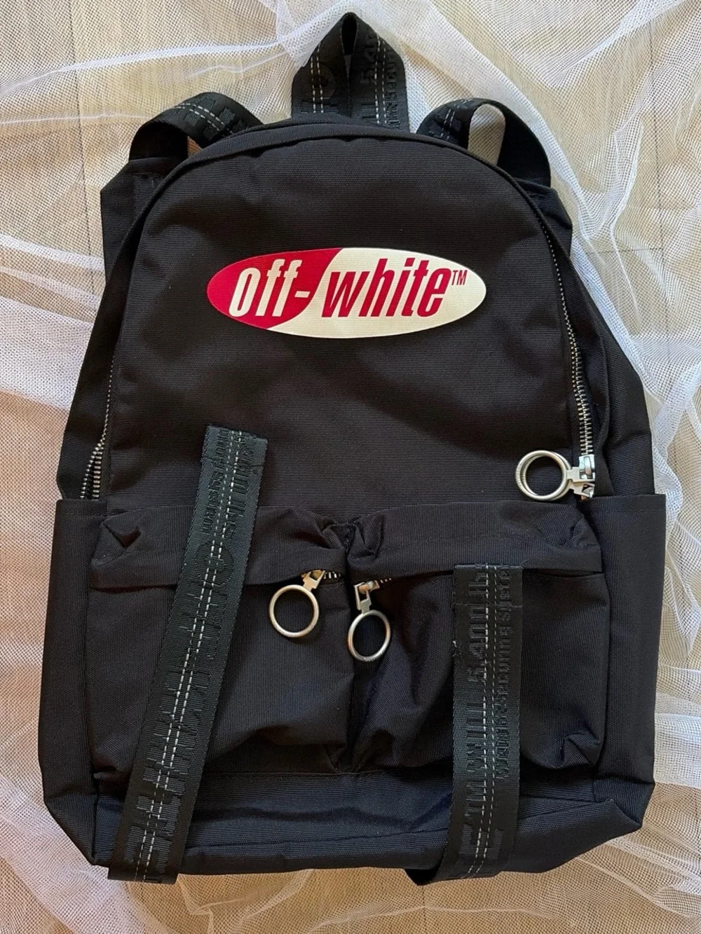 Off-White Black Backpack with Red and White Logo Patch